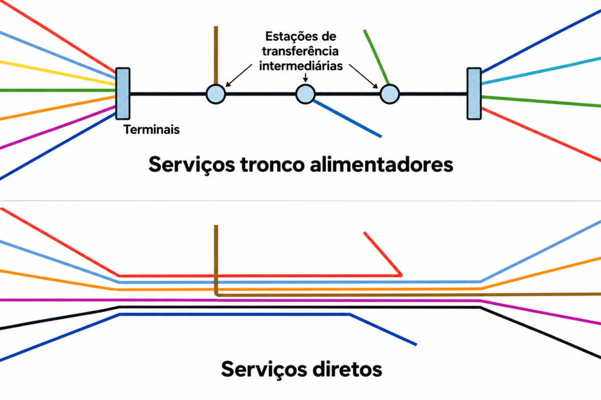Diagrama comparativo de dois modelos de organização dos serviços de transporte público. Na parte superior, os serviços tronco-alimentadores conectam terminais e estações de transferência intermediárias por meio de linhas principais, integradas a diversas linhas alimentadoras. Na parte inferior, os serviços diretos são representados por linhas que percorrem trajetos independentes, sem convergência em terminais intermediários.