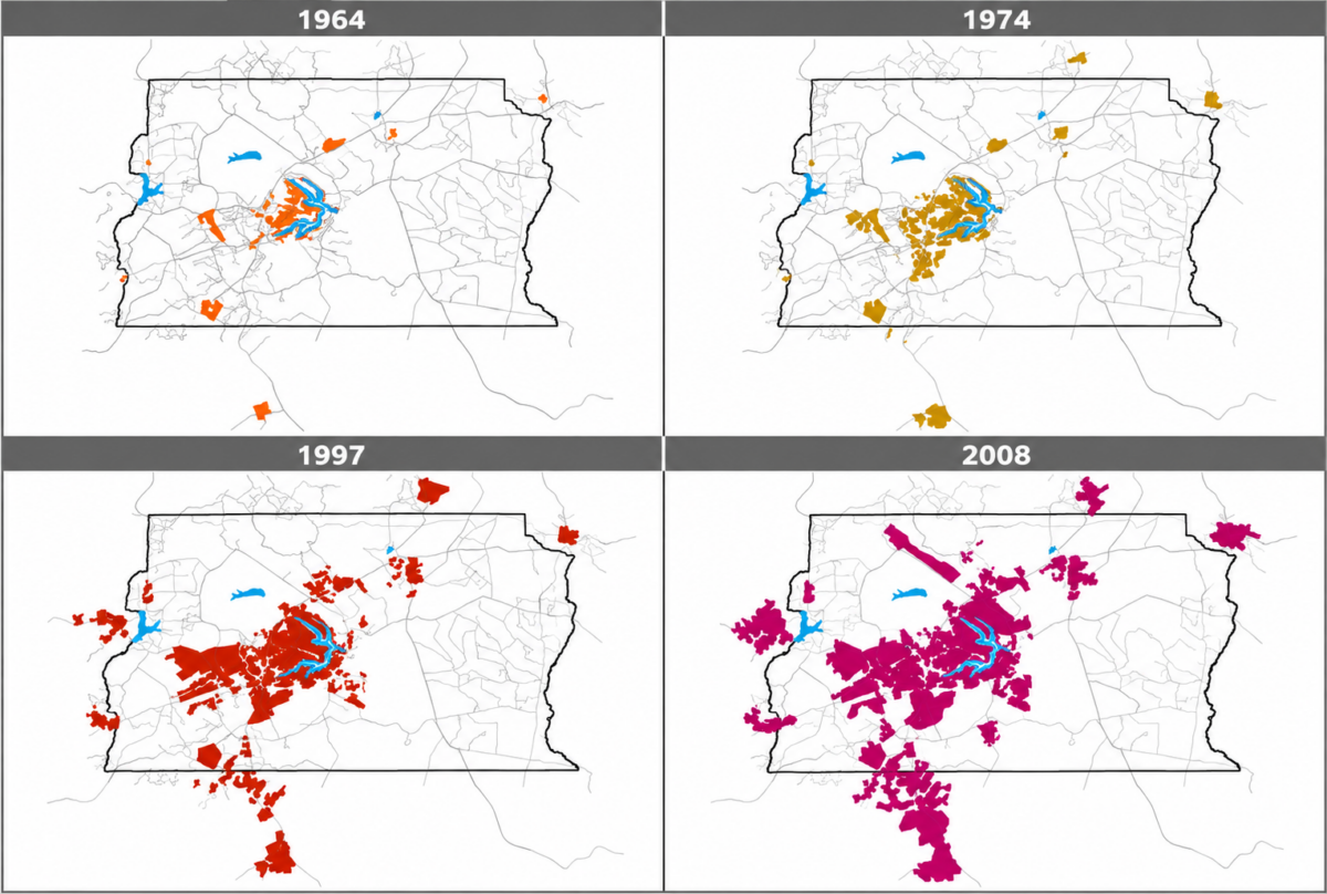 Mapa em quatro quadros que mostra a expansão da mancha urbana do Distrito Federal em 1964, 1974, 1997 e 2008. As áreas urbanizadas aparecem em cores diferentes em cada período, evidenciando o crescimento a partir da região central em direção às áreas periféricas.